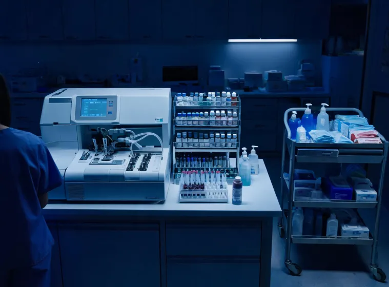 Hospital laboratory analyzer and infection-control supply station